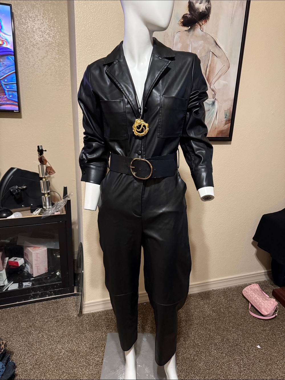 Zara Black Faux Leather Jumpsuit SZ S US (4-6)